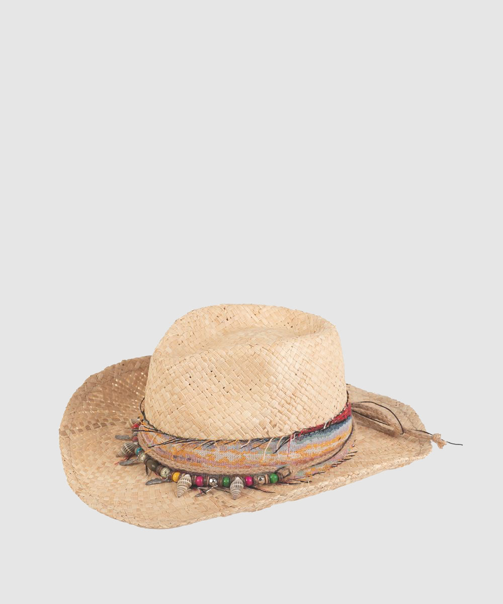Sombrero indiana rafia cinta adorno kbas